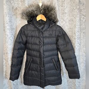 The North Face black Long Puffer Jacket Faux Fur lined hood women's xs down goos